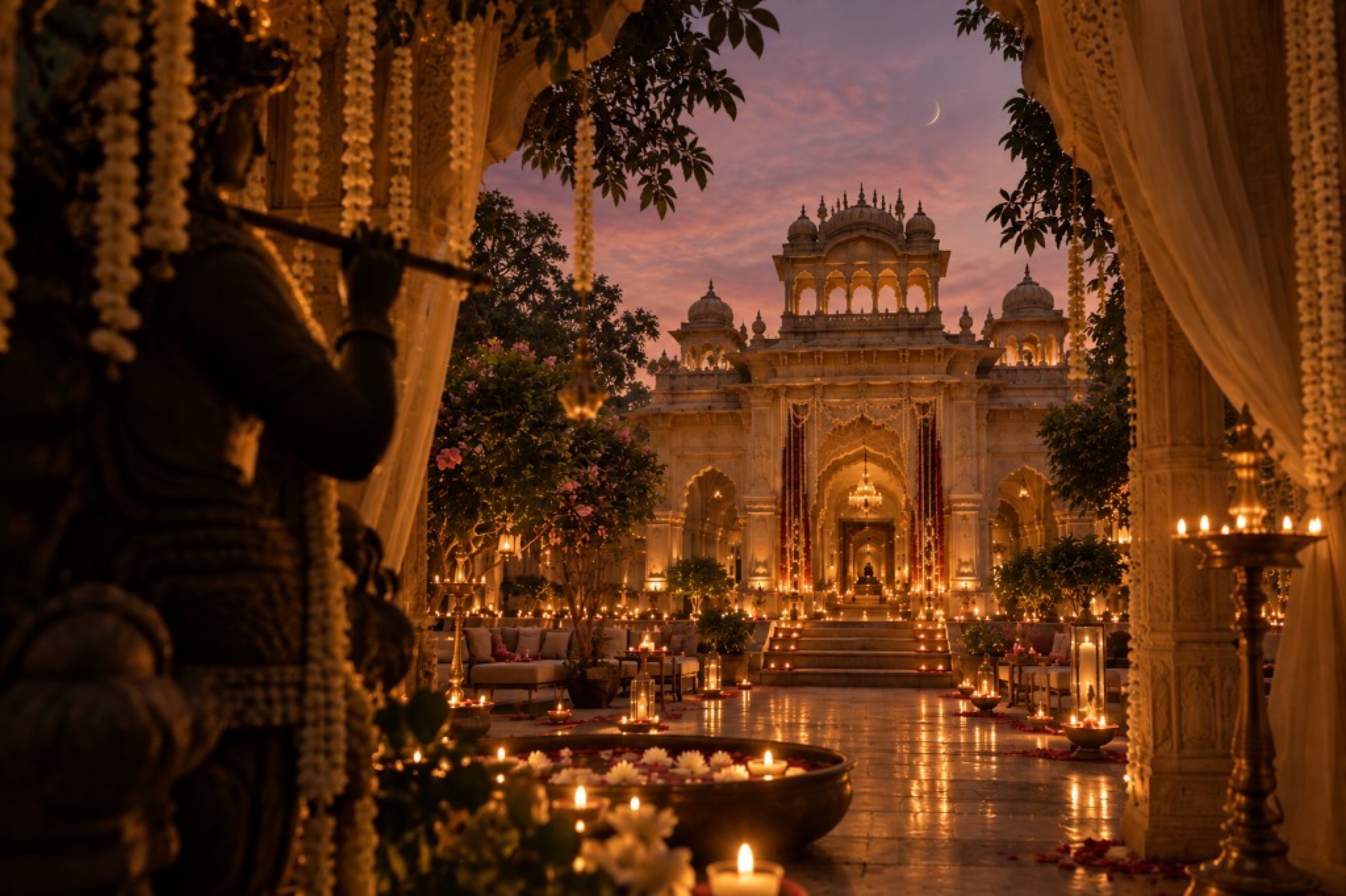 ॥ KāSa Leela॥ — palace courtyard at twilight with diyas and Krishna