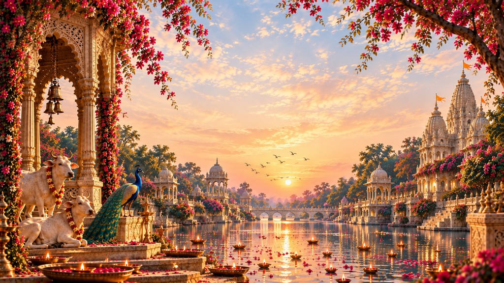 Cinematic golden-hour view of a Vrindavan river ghat at sunset: white stone temples and a pavilion with flower garlands, two decorated cows and a peacock on the steps, diyas and rose petals on the water, a bridge and birds against a warm sky.